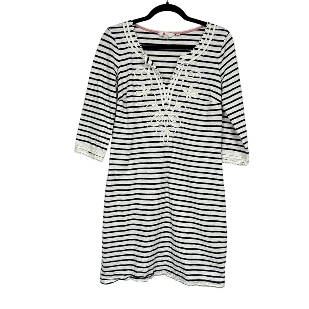 Boden Black White Striped 3/4 Sleeve Mini Shift Dress Womens 6 Nautical Preppy